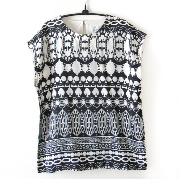 Bold Graphic Black & White Sleeveless Silk Tunic Top by Cedars - Size Medium - Picture 1 of 2